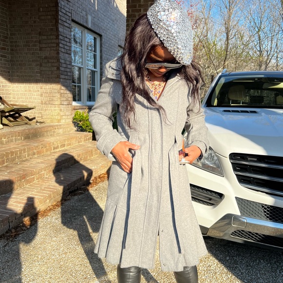 Designer Calvin Klein Womens Gray Wool Blend Long Sleeve Tie Front Coat Sz S-M - Picture 6 of 17